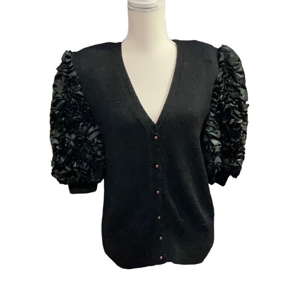 Nannell VTG Black Pullover Sweater Blouse V Neck Ruffle Sleeves Shoulder Pads L